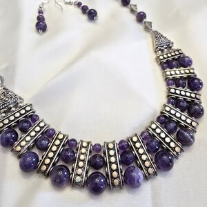 Amethyst, Silvertone Necklace And Earrings Set